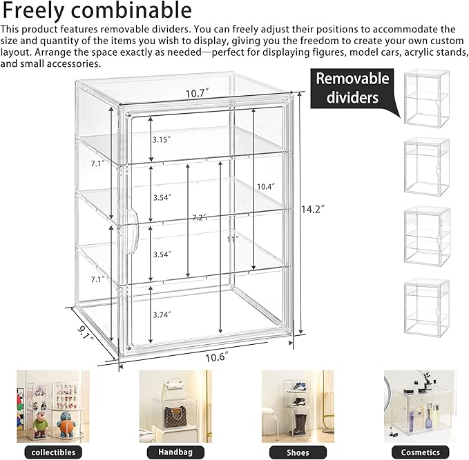 Clear Acrylic Display Case for Figures, 4 Layer Adjustable Acrylic Boxes for Display, Stackable Display Boxes for Collectibles, Action Figure Display Case for Shoe, Bread, Cosmetic, Handbag, 1 Pack