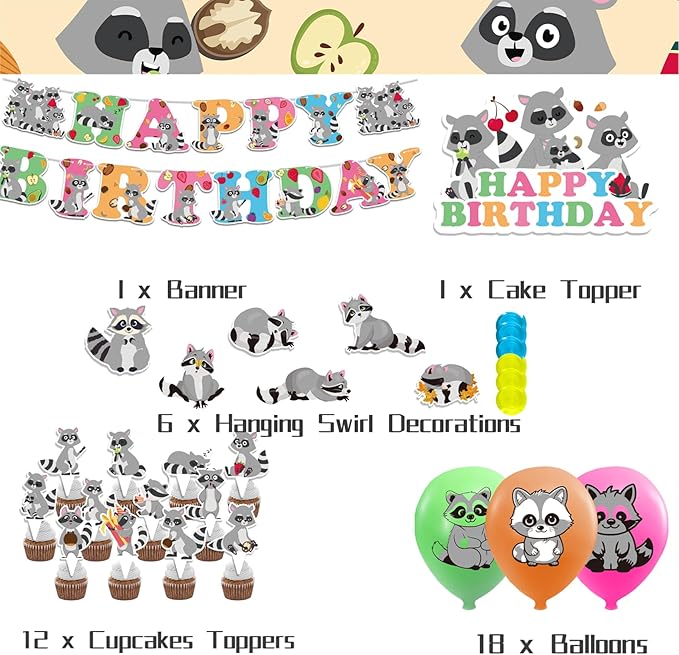 Raccoon Party Decorations Birthday Party Supplies Includes Banner Spirals Cake Topper Cupcake Toppers Balloons For Woodland Raccoon Party Baby Shower Decorations