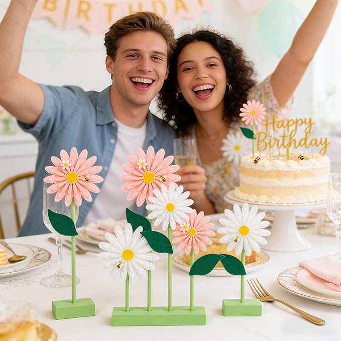 SUNBEAUTY 8PCS Daisy Felt Centerpieces for Tables Pink White Flower Birthday Party Daisy Birthday Decorations Spring Floral Table Centerpieces for Girl Birthday Baby Shower Garden Easter Party
