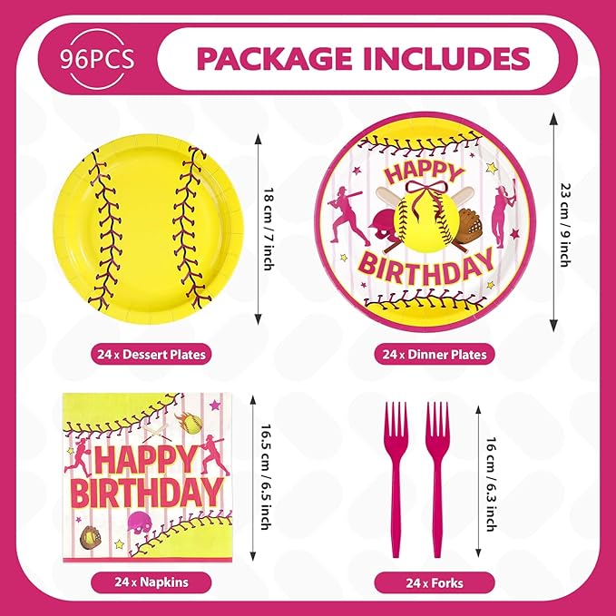 96Pcs Softball Birthday Party Supplies Sport Themed Plates and Napkins Pink Yellow Softball Disposable Paper Tableware Set for Girls Kids Teens Birthday Holiday Party Supplies Serves 24