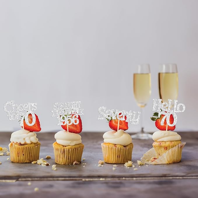 Ephlyn 24Pcs Happy 70th Birthday Cupcake Toppers Glitter Straight Outta 1956 Cupcake Picks Hello 70 Cheers to 70 Years Birthday Cake Decorations for 70th Birthday Anniversary Party Supplies Silver