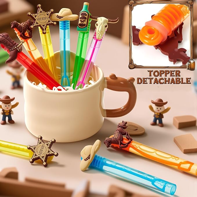 Winrayk Western Cowboy Party Favors, 24Pcs Self-designed Mini Bubble Wands for Kids Bubbles Bulk & Detachable Topper (6 Styles & Colors), Birthday Gift Pinata Filler Goodie Bag Stuffer Classroom Prize