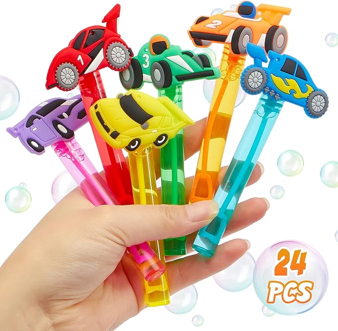 Winrayk Race Car Party Favors, 24Pcs Cars Themed Mini Bubble Wands for Kids Bubbles Bulk with Detachable Topper (6 Styles & Colors), Summer Pool Beach Birthday Supply Goody Bag Stuffer Classroom Prize