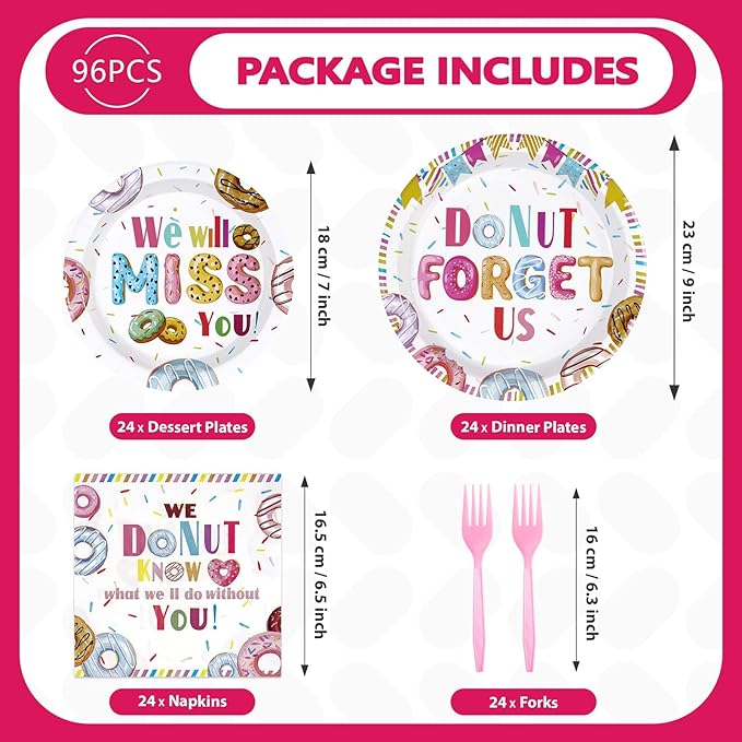 96PCS Farewell Retirement Party Supplies Colorful Donut Forget Us Plates and Napkins Disposable We Will Miss You Tableware Set for Coworker Going Away Retirement Party Decorations Serves 24