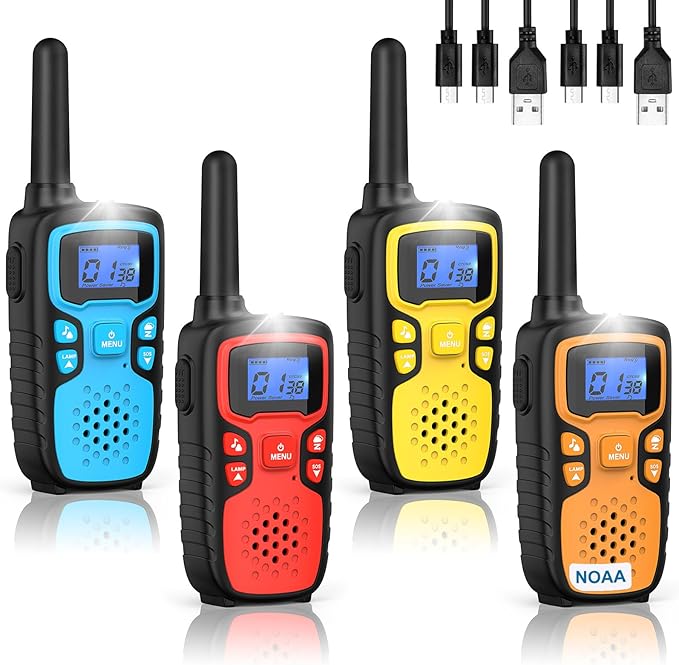 Wishouse Walkie Talkies for Kids Rechargeable Long Range,Xmas Birthday Gift for 5 6 7 8 9 10 11 12 Year Old Boys Girls,Hiking Gear Camping Games with NOAA,SOS Siren,Lamp,Lanyards,Easy to Use,4 Pack