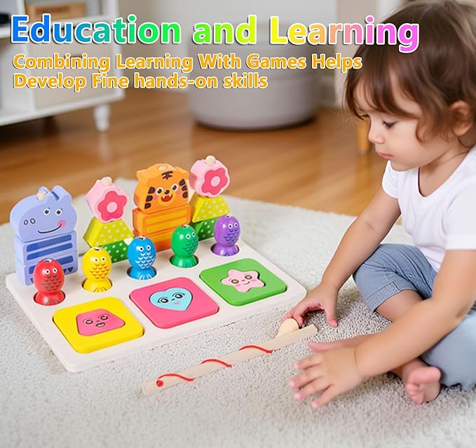 Wooden Montessori Toys for 3 Year Old，Shape Sorter Stacking Games, Fishing Games Preschool Learning Educational Toys for Boys Girls Toddlers (Animal)