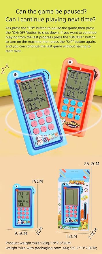 Cartoon Block Game Console Big Screen 23/26 Bricck Game Dual Mode Silicone Buttons Dual Powered by Rechargeable Lithium Battery/AA Retro Handheld Portable Toy Children/Teens Gifts (Orange)