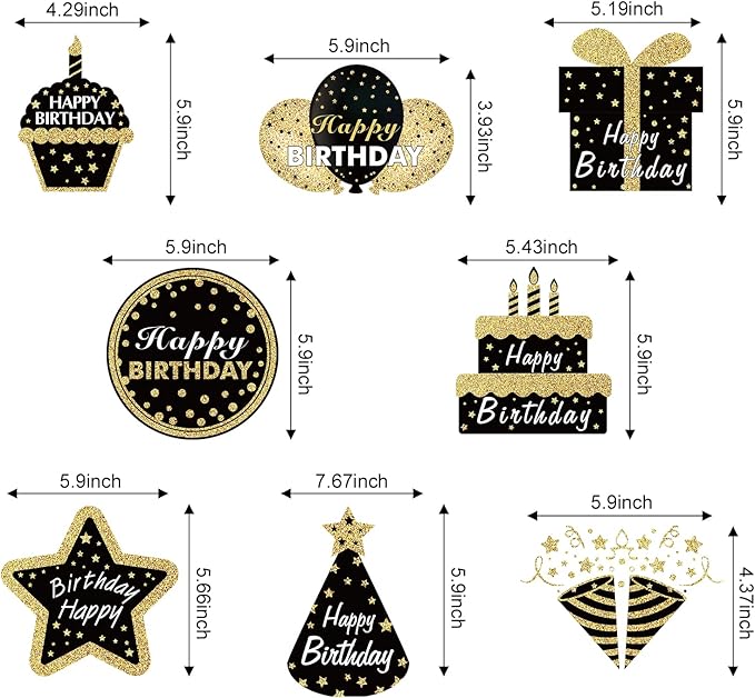 Black Gold Birthday Hanging Swirls Decorations for Mens Women, 16Pcs Happy Birthday Foil Swirl Party Supplies, 10th 16th 21st 30th 40th 50th 60th Bday Ceiling Swirl Decor