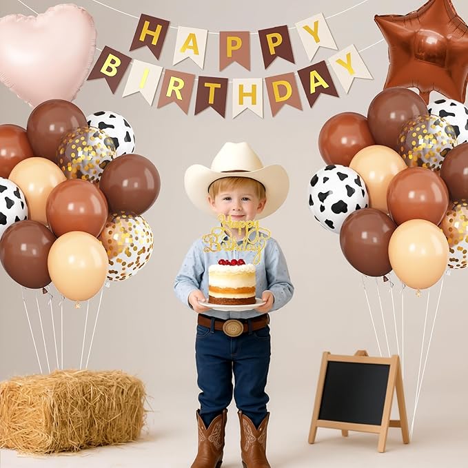 Western Cowboy Birthday Decorations,Brown Nude Gold Cow Print Balloons Banner Star Heart Foil Balloon for Farmhouse Baby Shower Birthday Party