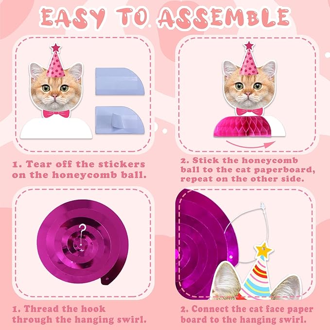 Cat Birthday Party Supplies Party Decorations Includes 1 Birthday Banner, 6 Honeycomb Centerpieces, 6 Hanging Swirls with 6 Cat Cutouts, MEOW Letter Balloons and 12 Balloons