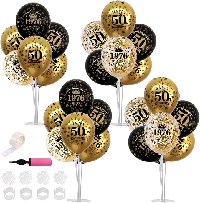 TONIFUL 4 Set 50th Birthday Decorations 1976 Balloon Centerpiece for Table,Black Gold Balloon Stand Kit,Perfect for celebrating born in 1976,Cheers to 50 Years Birthday for Men and Women