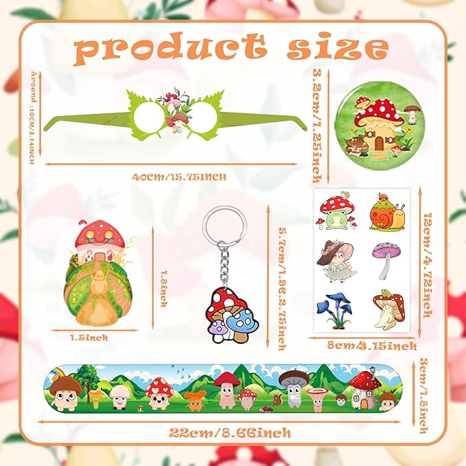 110PCS Mushroom Party Favors Mushroom Themed Slap Bracelet Stickers Tattoos, Keychain, Button Pins, Eyeglasses, Whimsical Woodland Forest Party Supplies Decorations for Garden Fairy