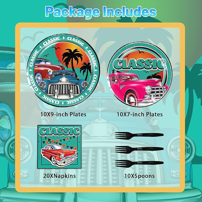 Classic Car Paper Plates And Napkins Party Supplies，Vintage Car Party Tableware，Car Birthday Party Decorations，Include 10 9in Plate，10 7in Plate，20Napkin，10 Fork