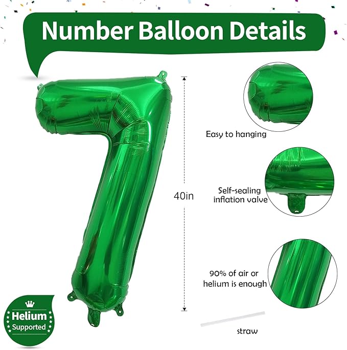 Number 7 Balloon for Boys, Giant Dark Green Self Inflating Number 0-9 Set for Girls, 40 Inch Foil Helium Balloons for 7th Birtyday Party Decoration Jungle Anniversary Celebration Women Men Supplies