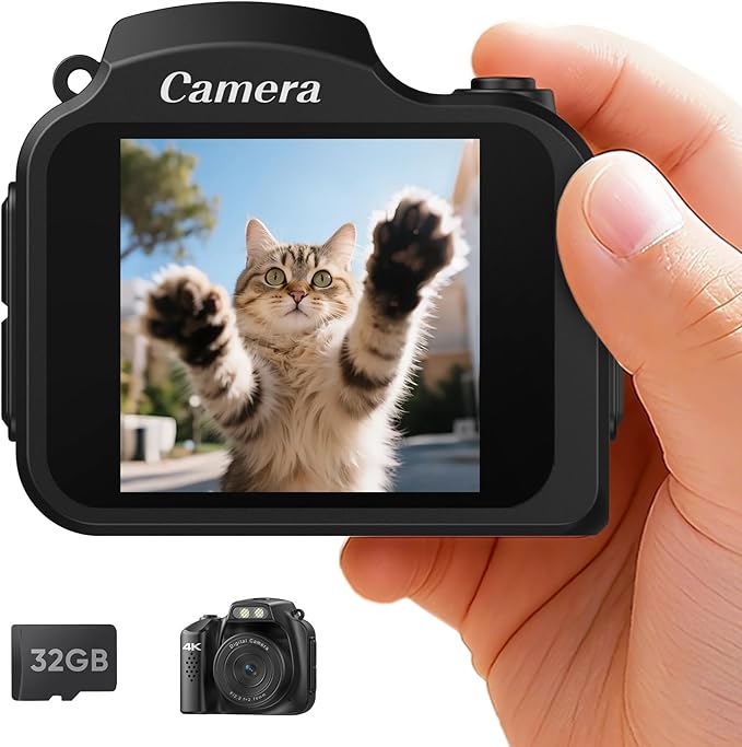 Mini Keychain Camera - 4K Mini Retro Digital Camera - Tiny Pocket Size Photo Video Cameras with 32GB Card - Small Compact Micro Portable Video Recorder for Travel Study Recording(Black)