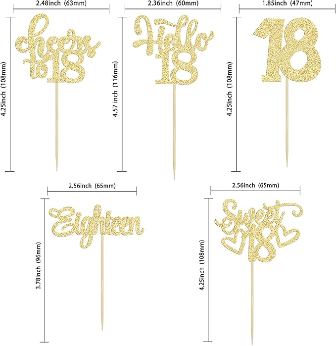 30Pcs18th Birthday Cupcake Toppers Eighteen Happy 18th Cupcake Picks Sweet 18 Cheers to 18 Cake Decorations for 18th Birthday Anniversary Party Supplies Gold Glitter