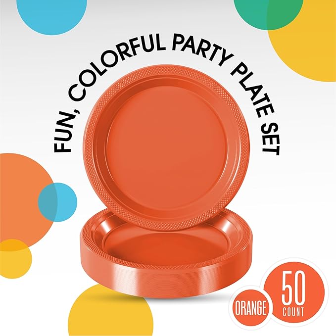 Exquisite Party Solids Orange Plastic Plates For Party Supplies 7" Orange Disposable Plates Heavy Duty 50 Pcs Plastic Dinnerware Sets Heavy Duty 350 GSM Disposable Dinnerware Set