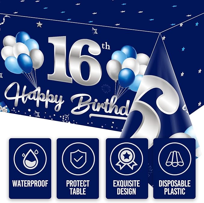 3 Pack Blue Silver 16th Birthday Tablecloth Decoration for Boy, Navy Blue Happy 16 Table Cover Party Supplies, Sixteen Years Old Birthday Disposable Rectangular Table Cloth for Indoor Outdoor