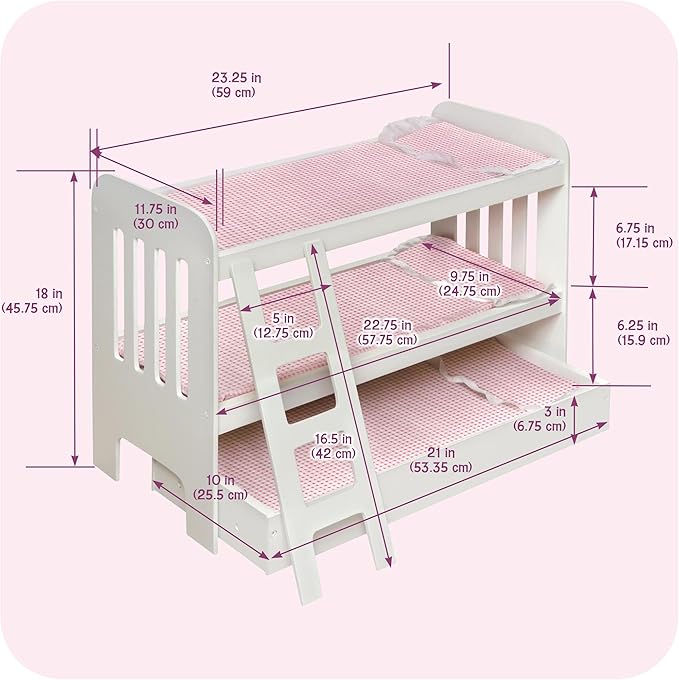 Badger Basket Doll Bunk Bed with Bedding, Ladder, and Free Personalized Kit - Fits Dolls Up to 22 Inches - Ideal for Girl Dolls and Baby Dolls for Pretend Play - White/Pink
