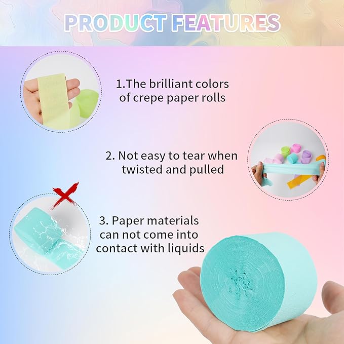 12 Rolls Crepe Paper Streamers, 12 Colors Pastel Streamers Party Decorations for Birthday Party, Baby Shower, Wedding, Bachelorette Party, Rainbow Party, Colorful Party