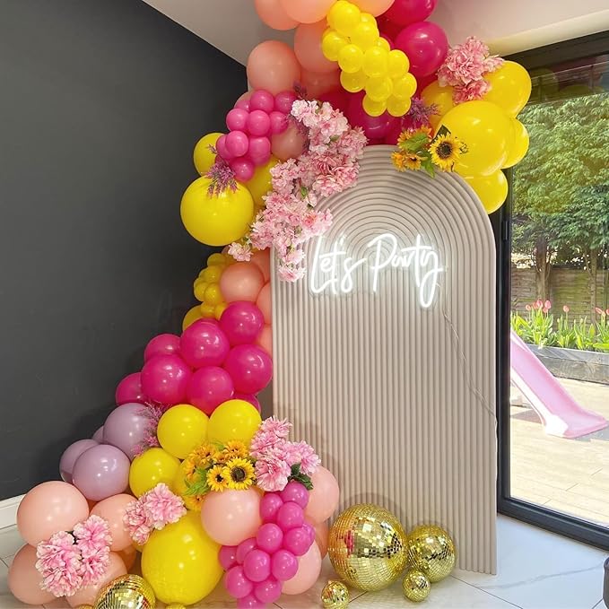 Pink and Yellow Balloons,12 Inch Maca Hot Pink Yellow Confetti Balloons with Ribbon,for Girls Peach Birthday Baby Shower Engagement Party Decorations