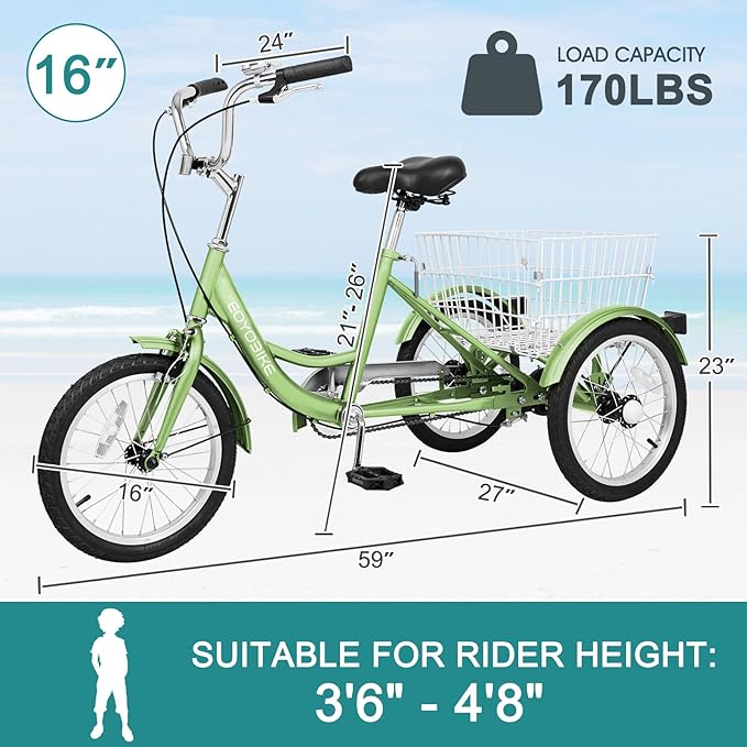 MOPHOTO 16 Inch Small Tricycle for Beginner Riders, Low Step-Through 3 Wheel Bike, Single Speed Trike with Hand Brakes, Adjustable Seat and Rear Basket, Fits Heights 3'9" to 4'9"