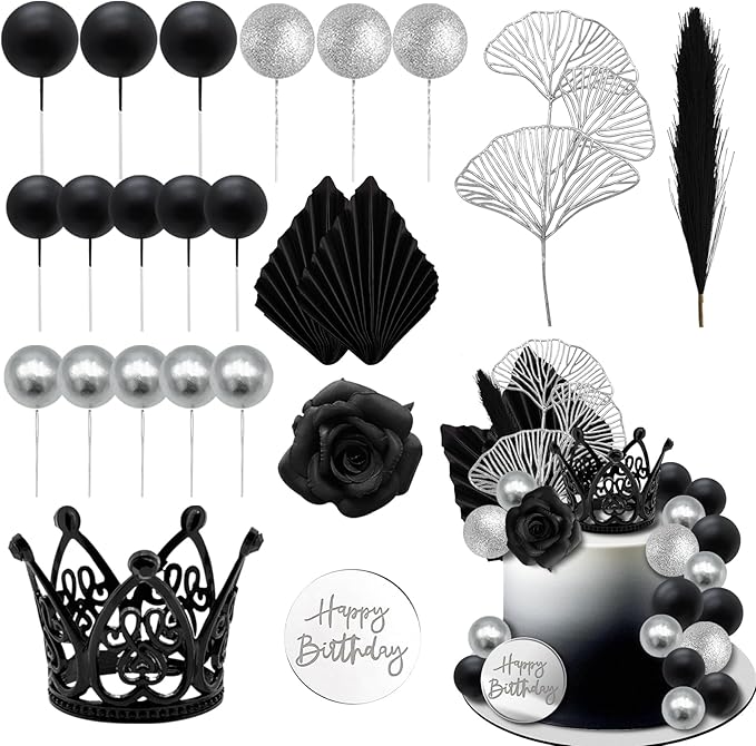 Knana 25Pcs Silver Black Balls Cake Topper Birthday Cake Topper Palm Leaves Cake Decorations for Silver Black Theme Baby Shower Birthday Party Supplies