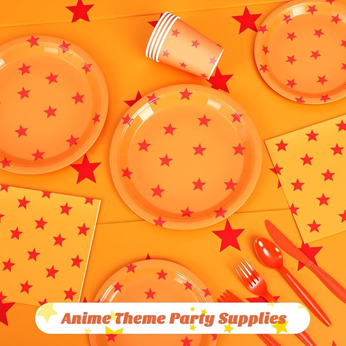 Oudain 170 Pcs Anime Tableware Set Anime Theme Party Supplies 24 Sets Yellow and Red Stars Print Disposable Plates Napkin Cup Fork Knife Spoon Tablecloth for Anime Party Decorations