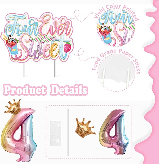 Four Ever Sweet Ice Cream Birthday Party Decorations with Donut Banner, Ice Cream Cake Toppers, Foil Balloon Arch for 4 Year Old Macaron Party Supplies
