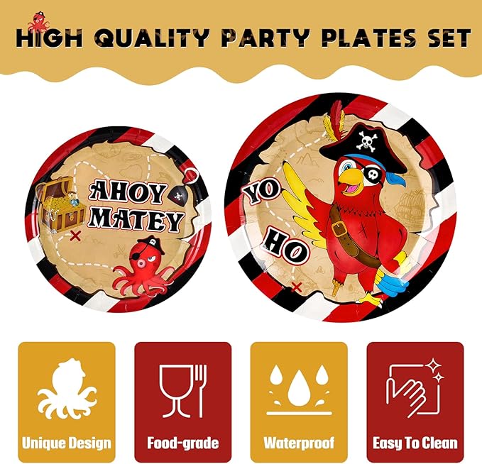 WERNNSAI Pirate Birthday Decorations - 64 PCS Pirate Plates Napkins and Cups Parrot Party Decorations Treasure Party Favors for Kids Birthday Treasure Theme Supplies Serves 16 Guests