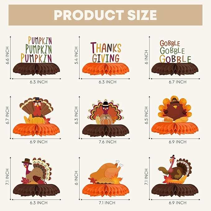 Horaldaily 9PCS Thanksgiving Party Table Decoration Centerpieces, Thanksgiving Autumn Harvest Gobble Turkey Honeycomb Centerpieces Table Toppers for Fall Thanksgiving Themed Birthday Party