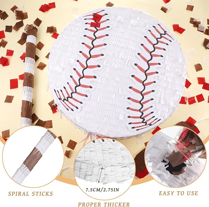 Baseball Piñata with Blindfold Bat for Birthday Party Softball Paper Piñata Sports Balls Confetti Baseball Party Supplies for Birthday Party Decorations 13.19 x 13.19 x 3 Inch(Simple)
