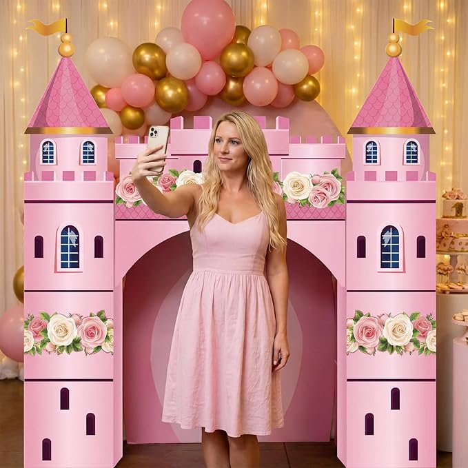 Pajean 9 Pcs Princess Party Decorations 43 x 60 Inch Pink Princess Cardboard Castle Playhouse Kit Floral Castle Fort Set Girl Birthday Centerpiece for Bridal Shower, Tea Party, Wedding Decor