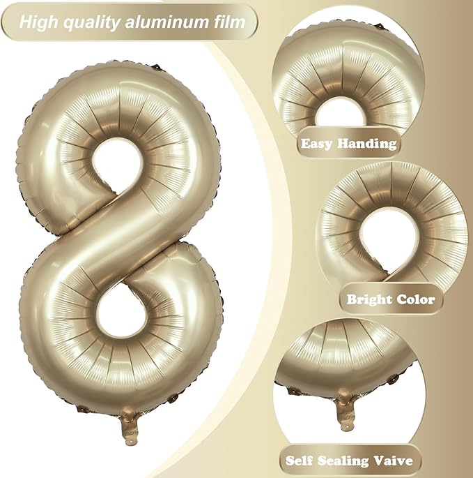 Metallic Gold Number 8 Balloons, 40 Inch Giant Light Champagne Gold Mylar Foil Number 8 Ballon for Boy Girl, Self Inflating 8th Birthday Helium Balloon for Women Anniversary Party Decorations Supplies