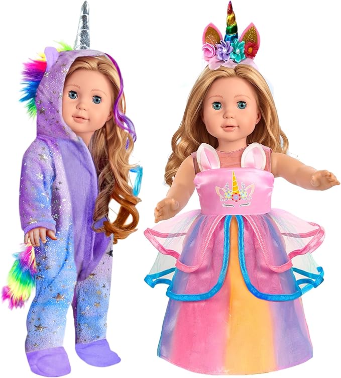 2-Sets 18-inch Doll-Clothes Set - Unicorn Clothes with Hair Clip and Headband - Compatible with All 18 inch Dolls Accessories for Kids