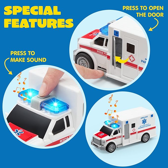 JOYIN 4 Packs Emergency Vehicle Toy Playsets, Friction Powered Vehicles with Light and Sound, Including Fire Truck, Ambulance, Play Police Car and Helicopter, Toddler Kids Boys Gifts