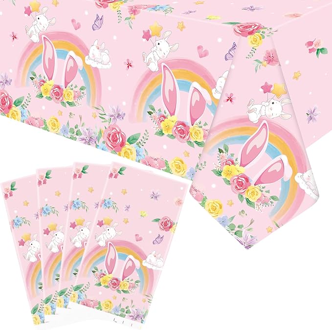 4 Pack Pink Bunny Party Tablecloth Supplies, Rabbit Rectangle Plastic Tablecloth for Rectangle Tables Gilrs Birthday Party Supplies Favors 51'' X 86''