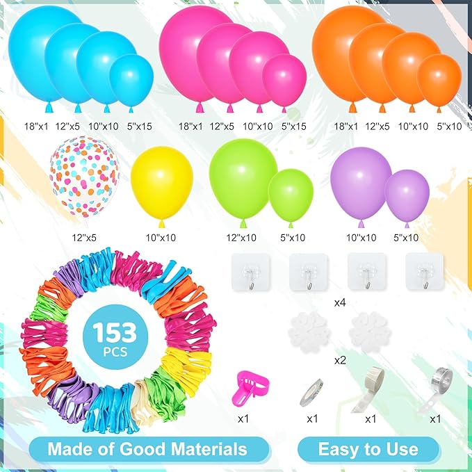 Amandir 153pcs Summer Tropical Balloon Arch Garland Kit Different Sizes 18 12 10 5inch Hot Pink Green Blue Yellow Purple Orange Rainbow Balloons for Hawaiian Luau Aloha Birthday Pool Party Decorations