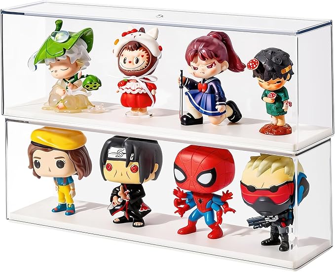2 Pack Clear Acrylic Figures Display Case Stackable Box with Base, Dustproof Protector for Anime Figurine, Collectibles, Funko Pop, Model Cars - Home Office Display Showcase