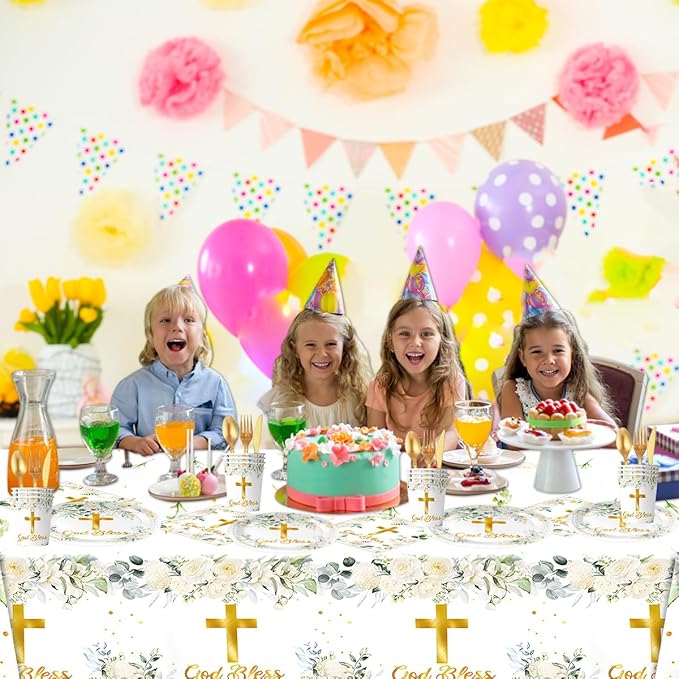 81Pcs God Bless Party Tableware Set First Communion Party Decoration,Newborn Baptism Church Birthday Party Supplies