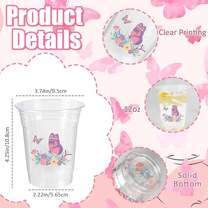 100 Pieces Butterfly Plastic Cups, 12 Oz Butterflies Floral Plastic Clear Disposable Drinking Cups for Spring Summer Party Favor Birthday Wedding Party Supplies
