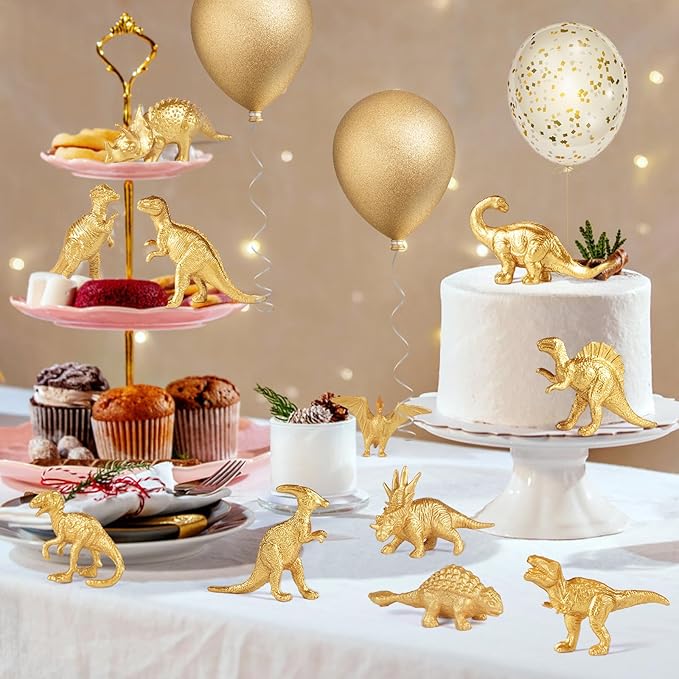 Gold Plastic Mini Dinosaur Figures Toys 48PCS Party Favors Supplies Birthday Dino Cupcake Toppers Prizes Box Toddler Kids Goodie Bags Pinata Easter Eggs Filler Basket Stuffer Classroom Prizes Bulk Toy