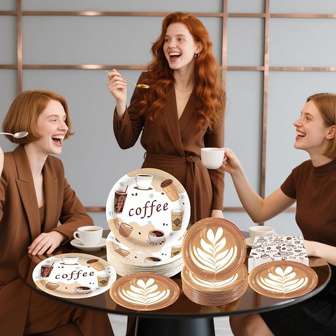 180Pcs Coffee Party Supplies Serves 60,Fun Coffee Cup Theme Paper Plates and Napkins Set for Baby Shower Birthday Party Decorations