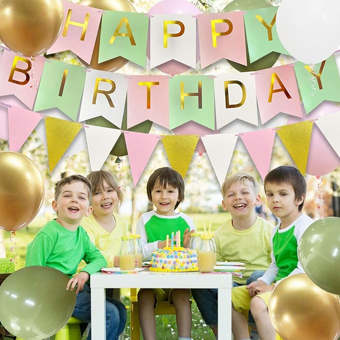 Happy Birthday Banner, Happy Birthday Decorations for Girls, 16 Pcs 12in Balloons with Banner Bunting and 3 Ribbons for Men Women Girls and Boys Birthday Party Decorations(Green Pink)