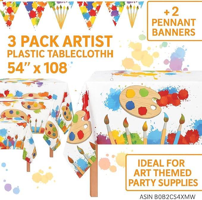 Oojami 3 Pack Artist Plastic Tablecloth, 54" x108", with 2 Pennant Banners Ideal for Art Themed Party Supplies, Artist Themed Birthday Party Decorations, Artist Themed Painting Supplies Table Covers