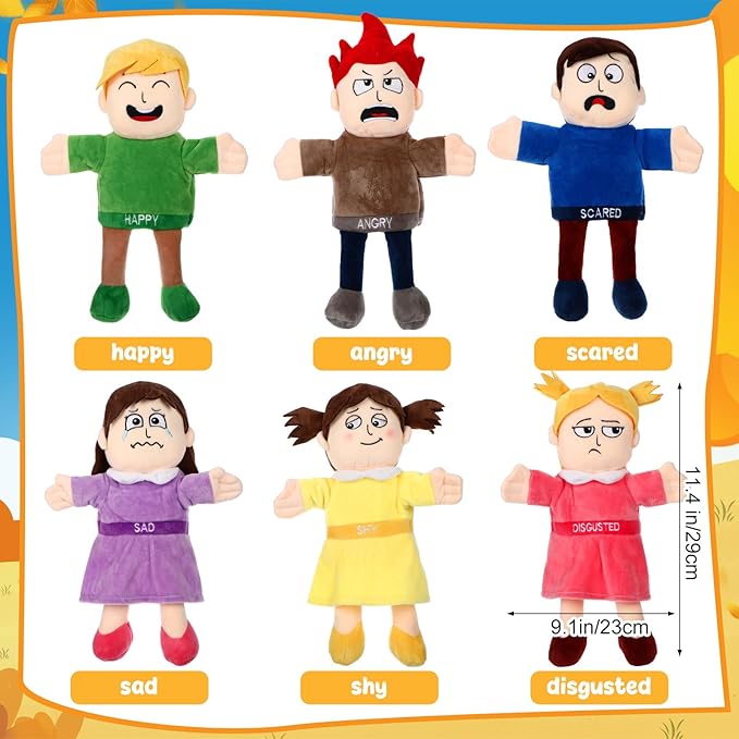 Lenwen 6 Pcs Feelings Hand Puppets for Kids, Emotions Toys, Soft Plush Sensory Puppets with Movable Limbs, Core Emotions Set for Storytelling, Social Emotional Learning Activities