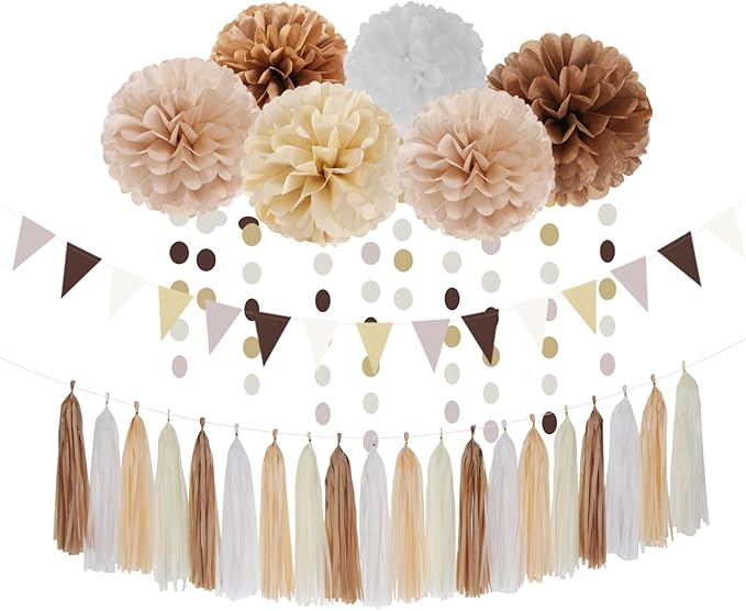 Boho Baby-Shower White-Brown Champagne Party-Decorations - 28pcs Neutral Birthday Wedding Bridal Tissue Pom Poms Streamers, Fall Autumn Tassel Garland Banner, Engagement Christmas Decor Ouruola
