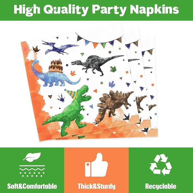 WERNNSAI Three Rex Birthday Decorations - 64PCS Dinosaur Plates Napkins and Forks Dinosaur 3rd Party Decorations 3 Rex Plates and Napkins for Kids Boys 3 year old Birthday Decor Serves 16 Guests