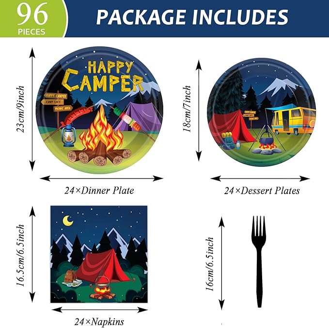 96 Pcs Camping Party Supplies Paper Plates Napkins Happy Camper Birthday Decorations Camping Adventure Party Tableware Set for Boys Baby Shower Serves 24