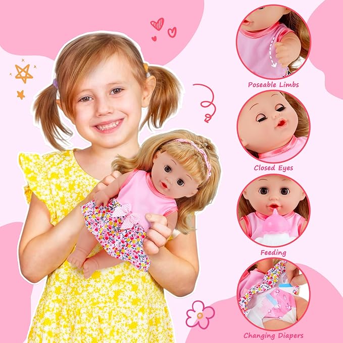 GAGAKU 12 Inch Baby Doll with Hair - Full Vinyl Baby Doll for Girls Ages 3-6 Years, First Baby Doll Playset with Accessories for Toddlers 1-3